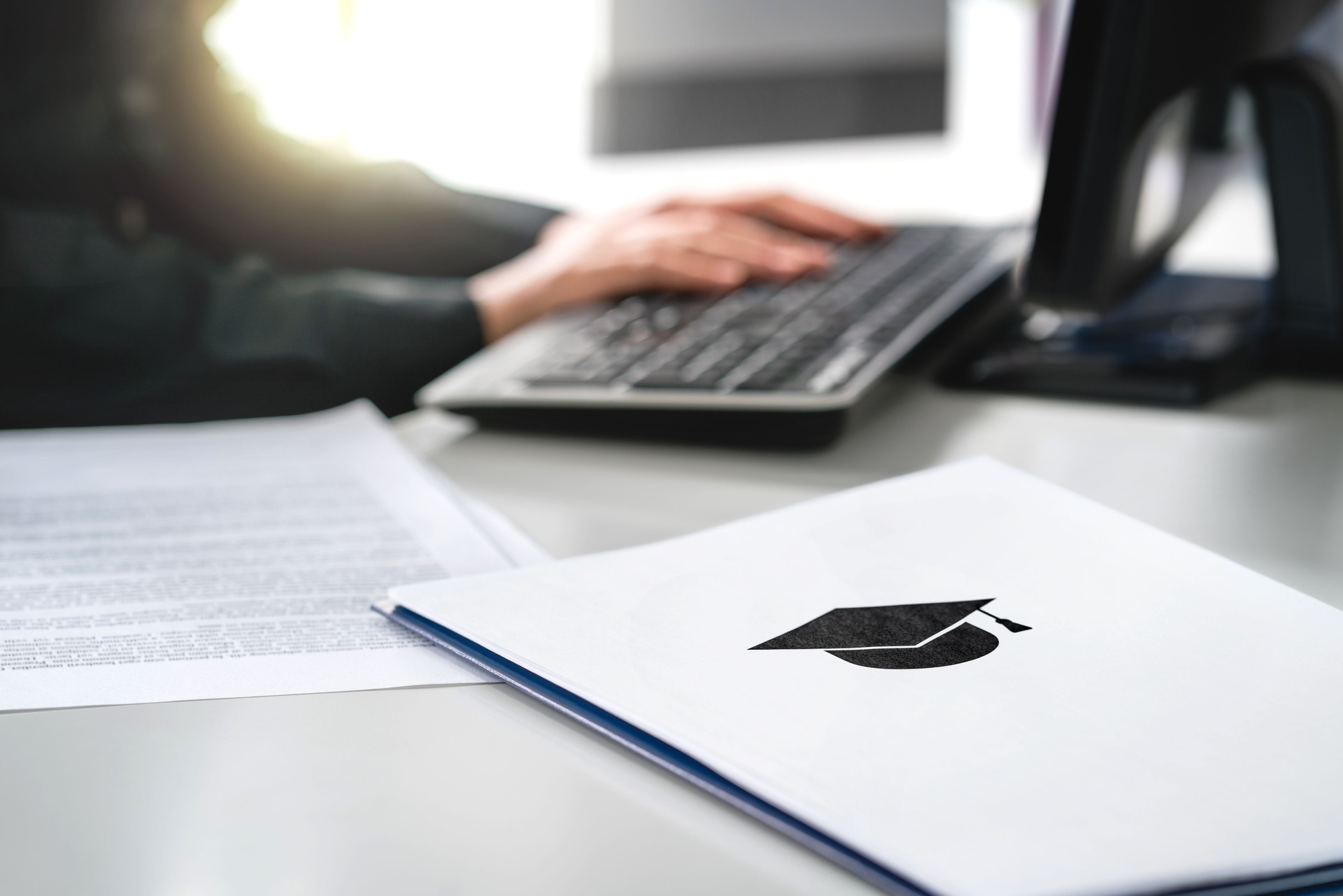 Student writing college or university application. Apply to school. Admission or grant. Teacher and computer. Principal or headmaster working in office.